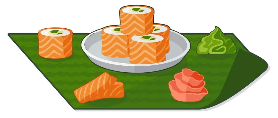 Flat illustration with rolls, wasabi and ginger Stock Illustration