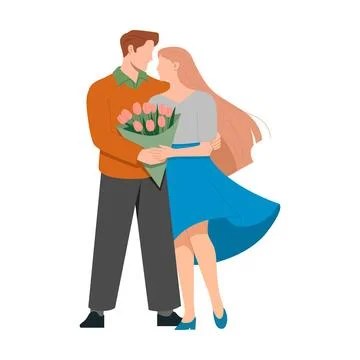 Flat illustration of a romantic couple standing together. The man holds a b.. Ilustração Stock