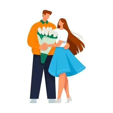 Flat illustration of a romantic couple standing together. The man holds a b.. Ilustração Stock