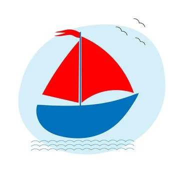Flat illustration of a sailing ship with red sails in the sea. Traveler s pos Stock Illustration