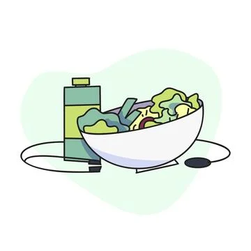 Flat illustration of salad and drinking water with stethoscope. Stock Illustration