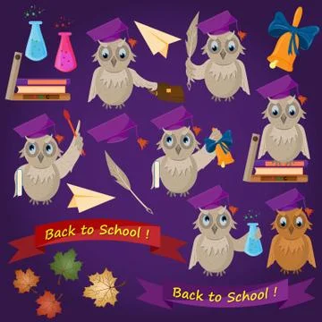 Flat illustration on school theme, bird owl holding various school subjects f Stock Illustration