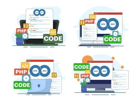 Flat illustration set of DevOps methodology and software development workflow Stock Illustration