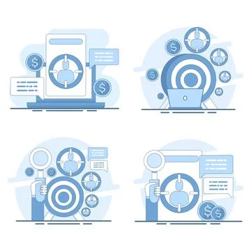Flat illustration set featuring customer segmentation, targeting strategy. Stock Illustration