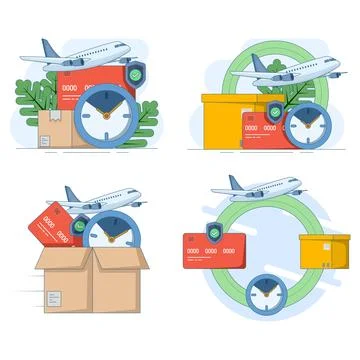Flat illustration set featuring express shipping and fast courier delivery, Illustrazione stock