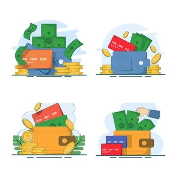 Flat illustration set featuring wallet, money coins, and payment card elements. Stock Illustration