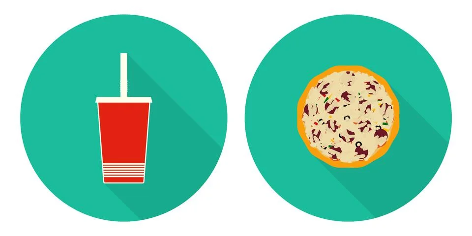 Flat illustration set: flat cup of cola, pizza Stock Illustration