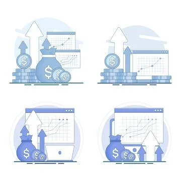 Flat illustration set showing digital investment and financial data reports Stock Illustration