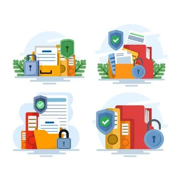 Flat illustration set showing file protection and secure data privacy concepts Stock Illustration