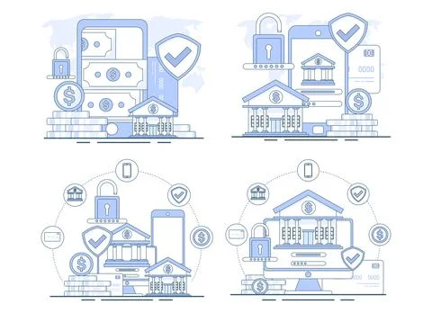 Flat illustration set showing online banking and fintech infographic concepts Stock Illustration