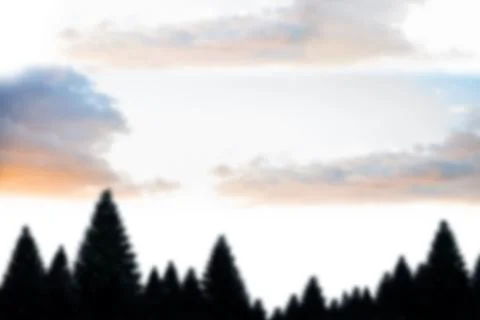 Flat illustration showing pine tree silhouettes against pastel sunrise sky with Stock Illustration