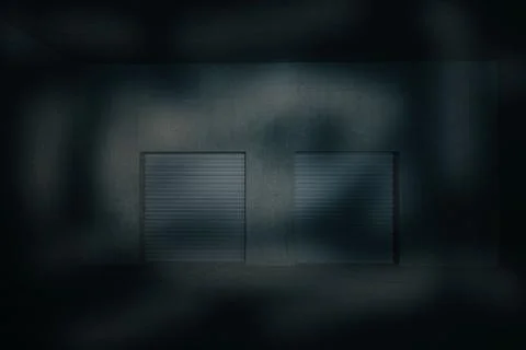 Flat illustration showing two closed metal roll-up doors in dim concrete Stock Illustration