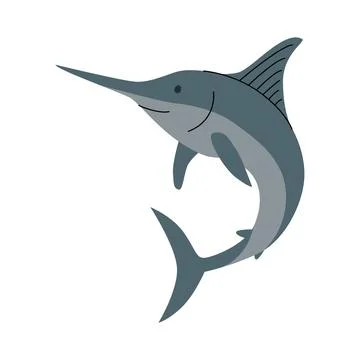 Flat illustration of a smiling blue swordfish with a long pointed snout and Stock Illustration