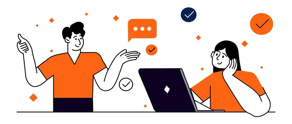 Flat illustration of team working together digitally, Man and woman collabora Stock Illustration