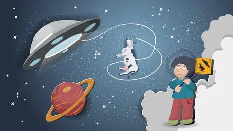 A flat illustration on the theme of space a boy in a green shirt watching a.. Stock Illustration