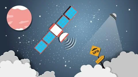 A flat illustration on the theme of space a space station flies in space ag.. Stock Illustration