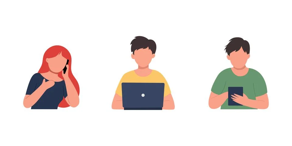 Flat illustration of three people engaged in various digital activities. Stock Illustration