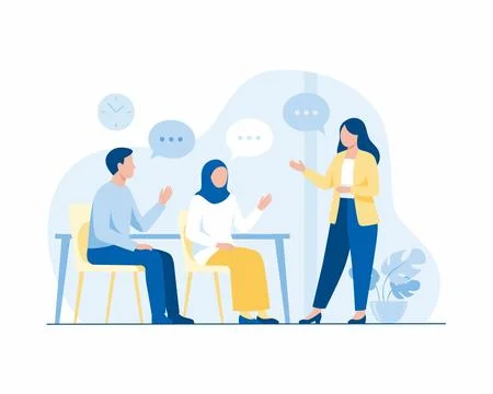 Flat Illustration of Three Professionals Sharing Ideas with Speech Bubbles .. Stock Illustration