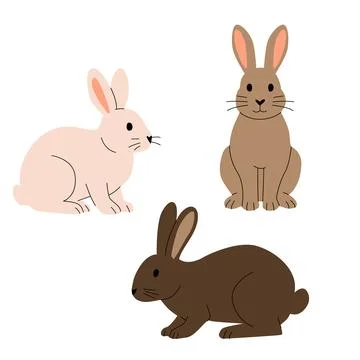 Flat illustration of three rabbits in different colors and poses. Simple cartoon Illustrazione stock