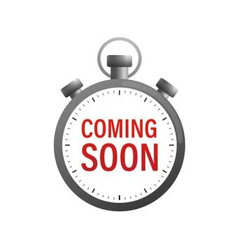 Flat illustration of timer with coming soon on white backdrop. Icon for Ilustración de archivo