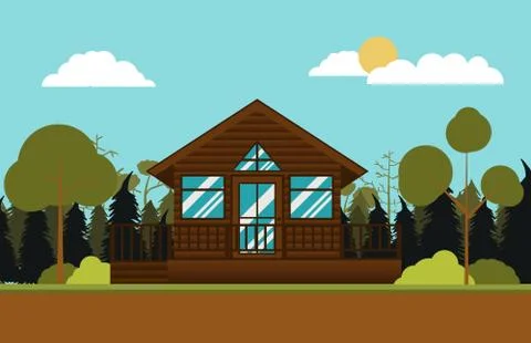 Flat illustration of tiny house in the forest Residence Estate Illustrazione stock