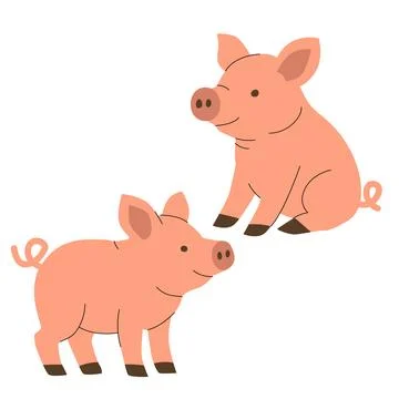 Flat illustration of two pink piglets in playful poses. Cute cartoon style with Illustrazione stock
