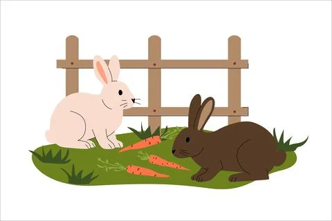 Flat illustration of two rabbits on green grass near a wooden fence, surrounded Illustrazione stock
