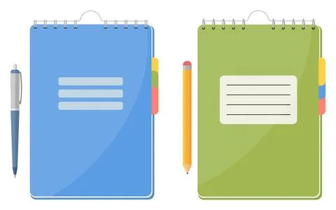 Flat illustration of two spiral notebooks with colorful index tabs and a pen and Stock Illustration