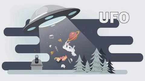 A flat illustration of a UFO stealing various objects and animals on a dark.. Stock Illustration