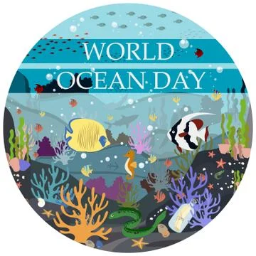 Flat illustration of the underwater world. Postcard-poster for the world ocean Stock Illustration
