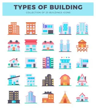 Flat illustration of various building icons on white background Ilustración de archivo