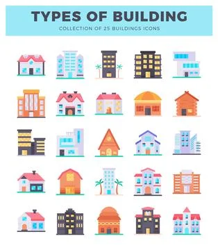 Flat illustration of various building types on a white background. depictin.. Stock Illustration