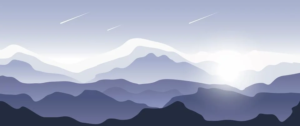 Flat illustration. Vector background. Landscape with silhouettes of violet blue Stock Illustration