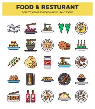 A flat illustration vector of food and restaurant icons presented on a whit.. Illustrazione stock