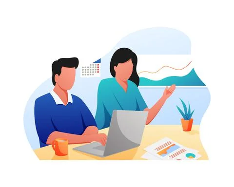 Flat Illustration vector graphic of Man and Woman working together communicat イラスト素材