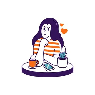Flat illustration of a woman looking up, thinking love Stock Illustration