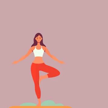 Flat Illustration of Woman Practicing Tree Pose Yoga Meditation Ilustração Stock