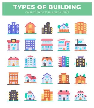 Flat illustrations of diverse building icons arranged in a grid. Vector gra.. Ilustración de archivo