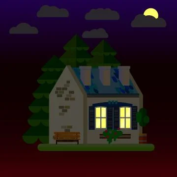 Flat illustrations of house at night. One-storey building. Vector. Stock Illustration