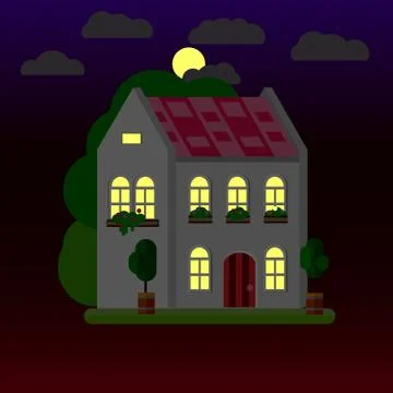 Flat illustrations of house at night. Two-storey building. Vector. Illustrazione stock