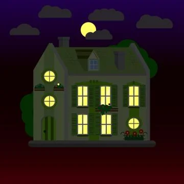 Flat illustrations of house at night. Two-storey building. Vector. Ilustración de archivo