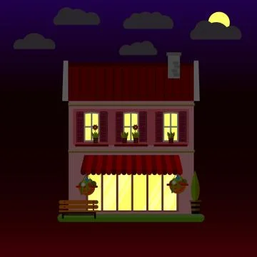 Flat illustrations of house at night. Two-storey building. Vector. Ilustración de archivo