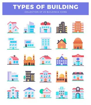 Flat illustrations of varied building types from a cityscape collection. Ilustración de archivo