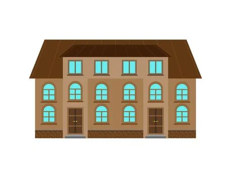 Flat image of a two-story building with an attic and two entrances Ilustración de archivo