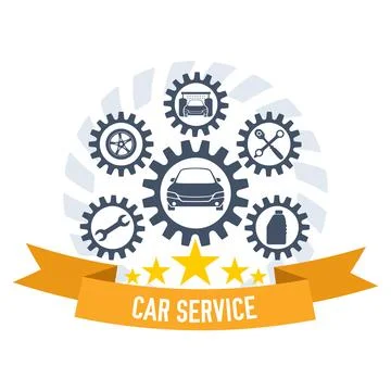 A flat image on a white background, car service icons, gears with a car image Stock Illustration