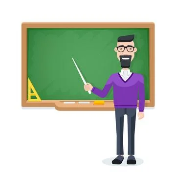 Flat image on a white background, a teacher with a pointer stands near the .. Stock Illustration