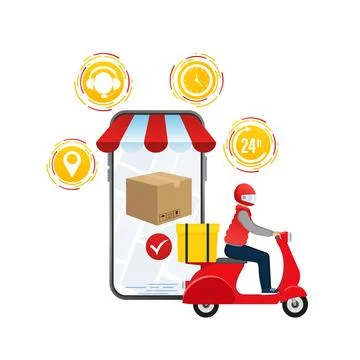 Flat infographic with red online delivery for mobile app design. Food delivery Stock Illustration
