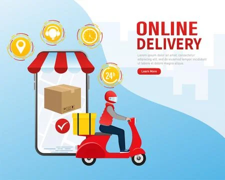 Flat infographic with red online delivery for mobile app design. Food delivery Stock Illustration