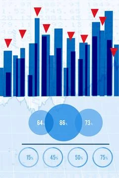Flat infographic is showing vertical blue bars with red triangles and percentage Stock Photos