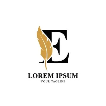 Flat Initial Letter E Logo Combined with Feather Silhouette Vector Design Stock Illustration